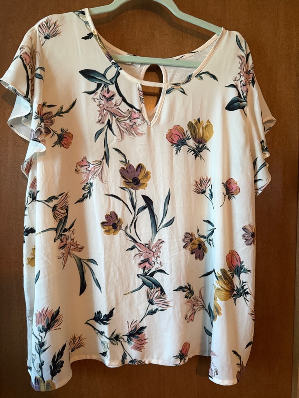Floral Keyhole Short Sleeve Top - Off White/Pastel